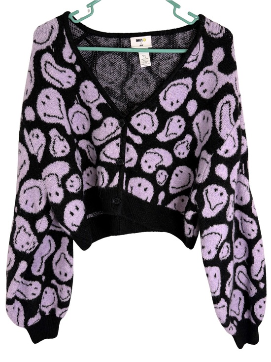 H&M Sweaters - Smiley X H&M Black & Lilac Smiley Knit Cropped Cardigan Size Large